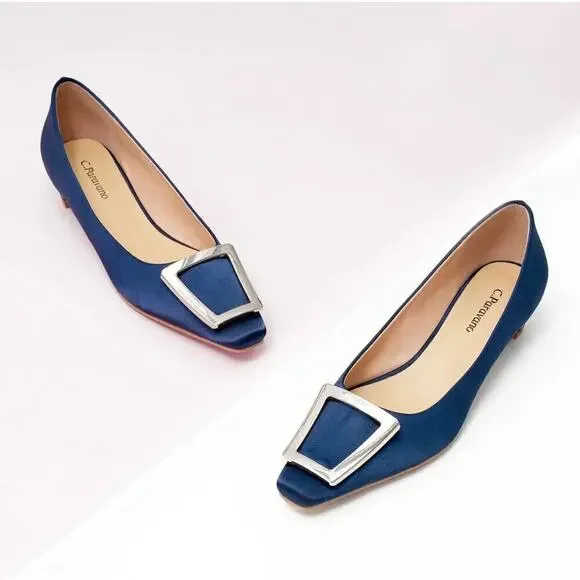 Metal Buckle Satin Low Heel (Lucia) C.Paravano Blue size women's 8 - Picture 2 of 14